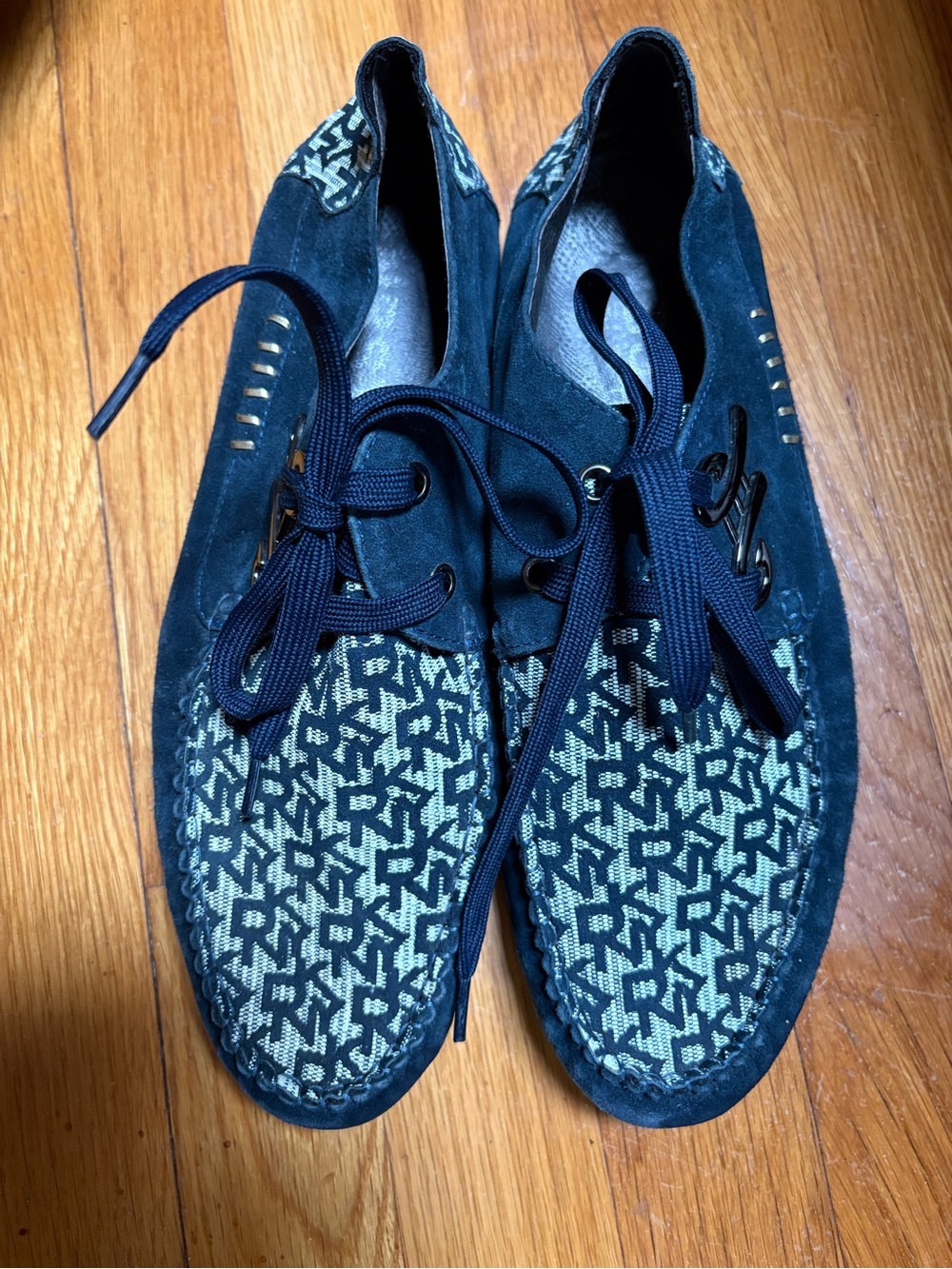 DKNY Soft Navy Suede Moccasins with Logo Pattern on top and heel
